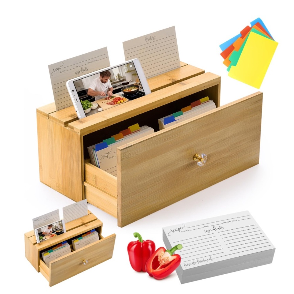 Wooden Recipe Box with Cards